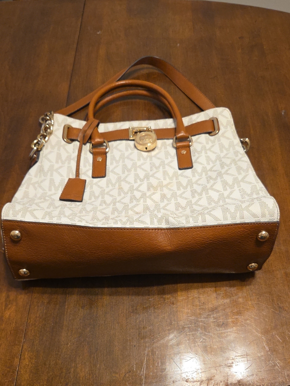 Michael Kors White & Tan Signature Satchel with Gold Hardware
